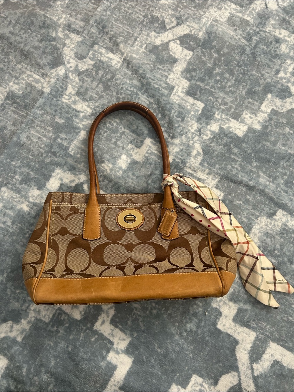 Vintage Coach Signature Canvas Leather Satchel Bag 12463 Tan Brown + Scarf